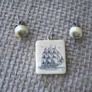 Vintage Scrimshaw Sailing Ship Pendant & Earring Set